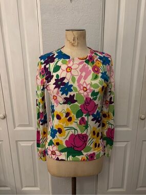 J. Crew Tippi Sweater 100% Merino Wool Bright Floral Print 3/4 Sleeve Size Small